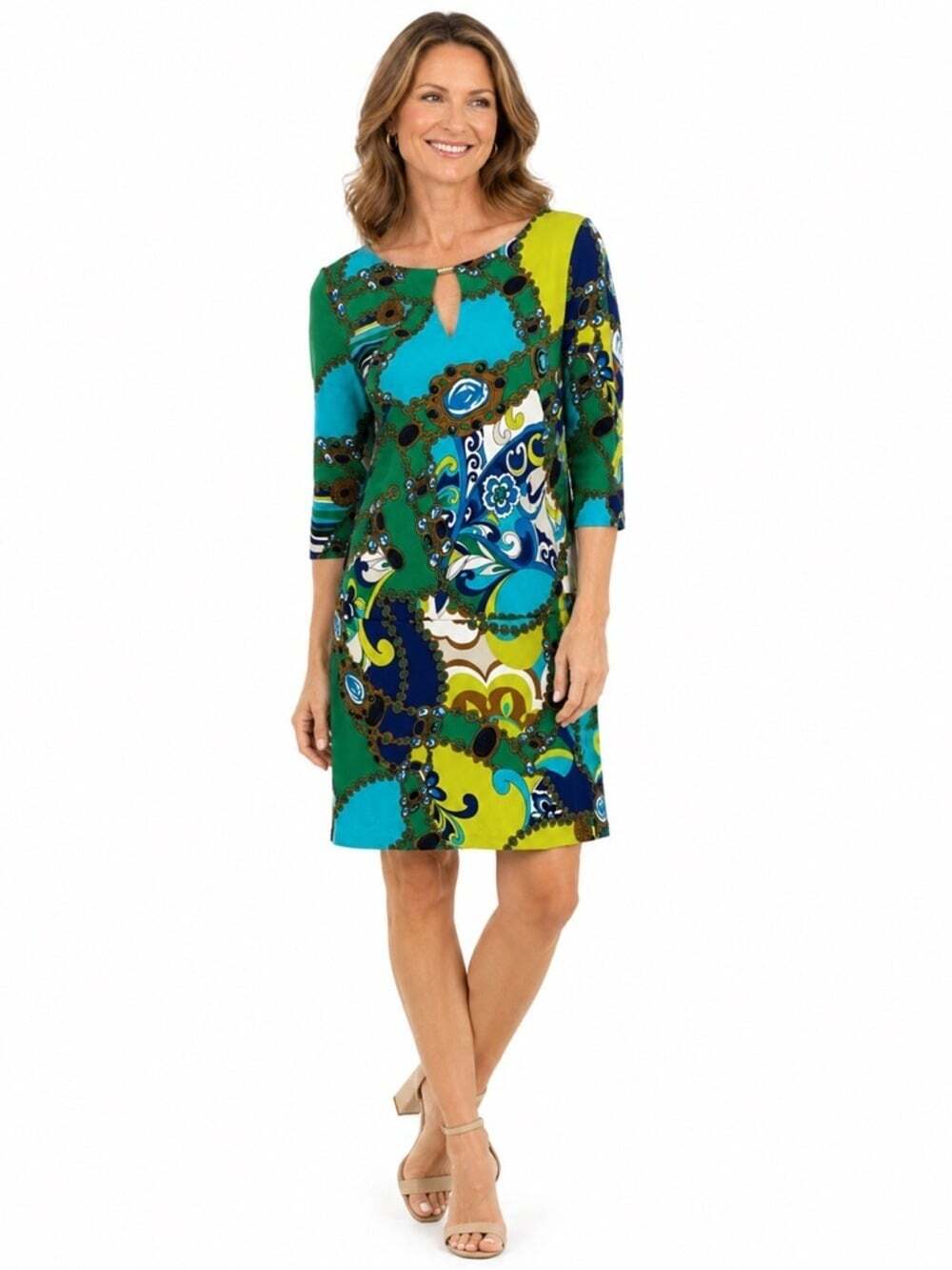 Sangria Size 6 Colourful Abstract 3/4 Sleeve Knee Length Business Dress …